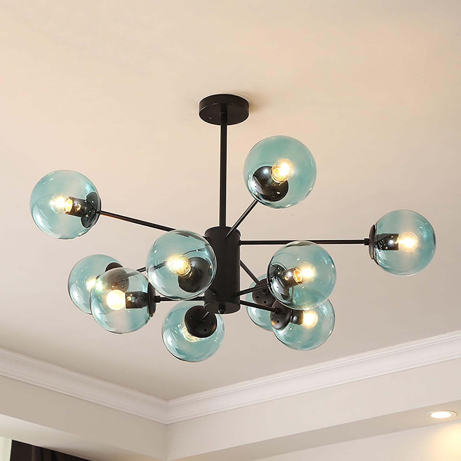 ksxnkhk Mid Century Modern Chandelier, Glass Linear Pendant Light Dimmable Light Fixture, Decorative Globe Ceiling Light for Dining Room, Bedroom, Kitchen, Easy Installation(10 Heads, Black + Blue)