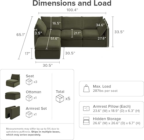 Miniatura 2 de mopio Sofá modular de gran tamaño con fundas y almacenamiento totalmente extraíbles, convertible en forma de U, en forma de L y seccional para