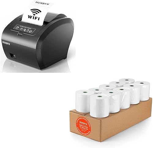 MUNBYN Impresora de recibos WiFi con puerto USB y papel térmico de 3 1/8 x 230 pies, 10 rollos de papel de recibo