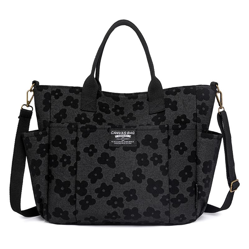 Kaket Floral Canvas Shoulder Bags for Women Large Shoulder Bag Handbag Purse with Multi-pockets Casual Work Bags