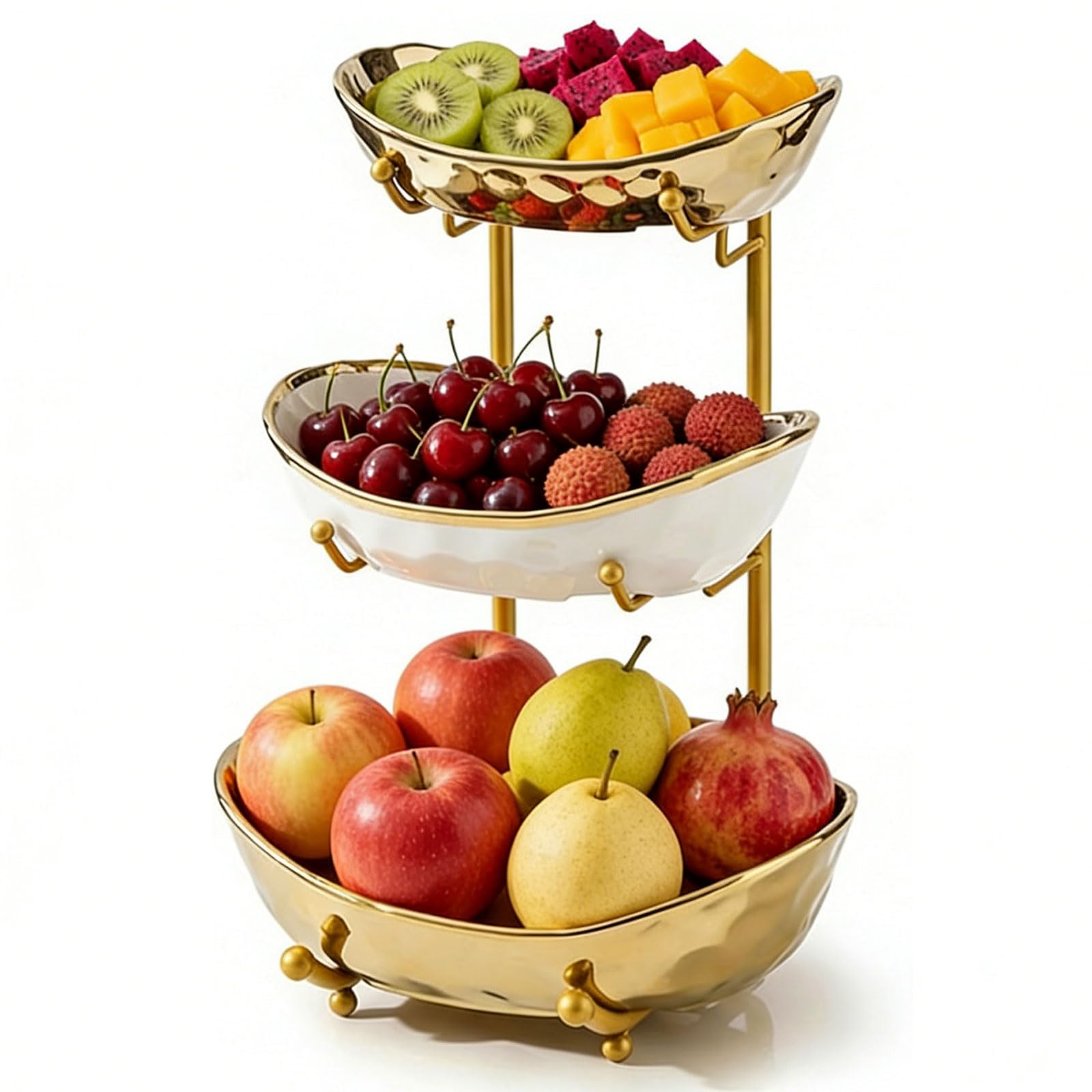 Etagere 3 Etagen - Keramik Obstschale mit stabilem Metallgestell - Platzsparender Servierständer für Küche und Esstisch - geeignet für Obst, Gemüse, Snacks und Dessert - Gold