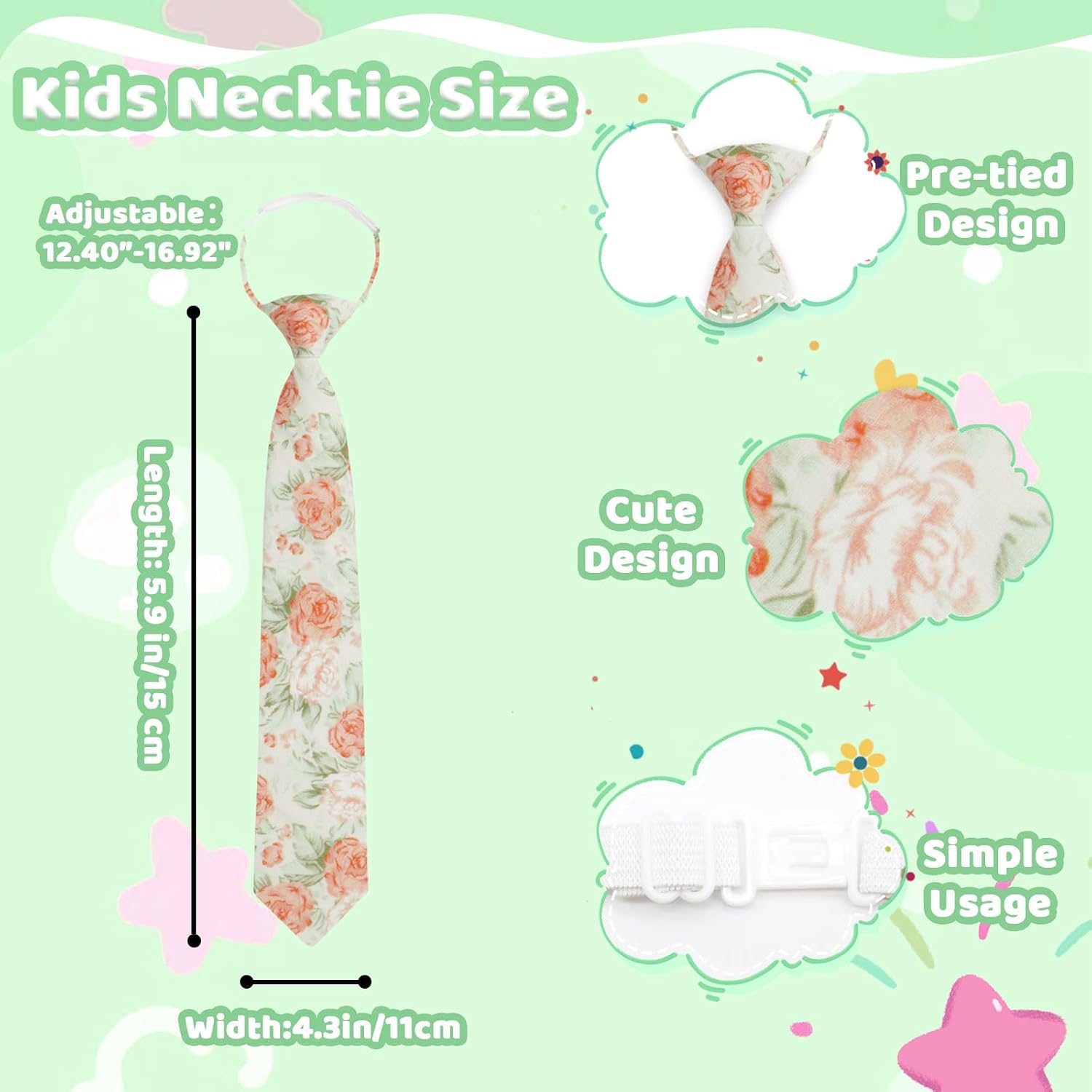 Kids Tie with Floral, Cotton Ties for Boys Girls Pre-tied Adjustable Toddler Neckties for School Graduation Daily