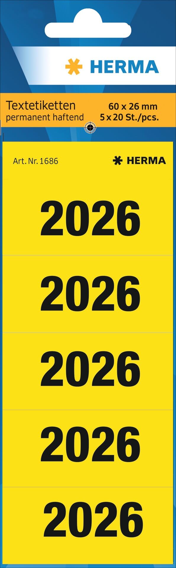 HERMA 1686 Year Numbers Stickers 2026 for Folders, Pack of 100, 60 x 26 mm, 5 per Sheet, Self-Adhesive, Opaque Text Labels, Matt, Paper Adhesive Labels Stickers, Yellow