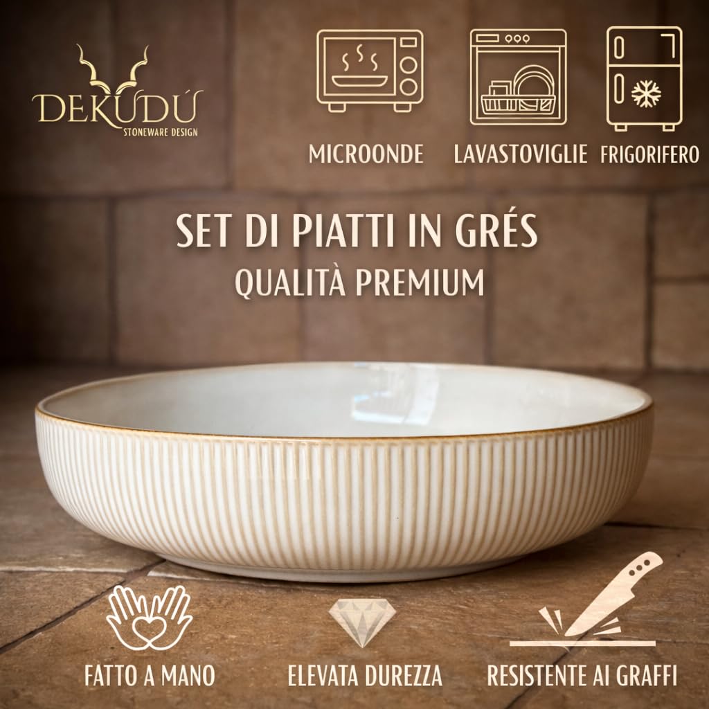 Insalatiera Ceramica Gres di Qualità Ciotola Insalata - Realizzata a mano -1 pezzi ∅ 25,5 cm - Elevata durezza - Lavabile in lavastoviglie e Adatto microonde - Piatti Moderni - Beige