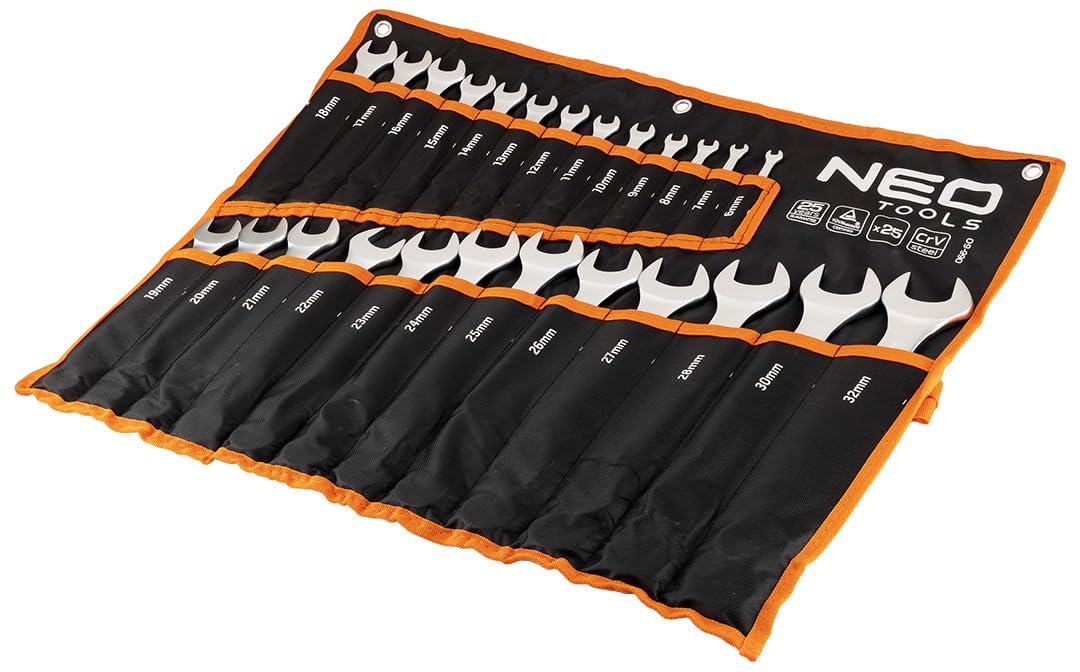 NEO TOOLS 25-częściowy zestaw kluczy płasko-oczkowych 6-32 mm ze stali CrV – zestaw kluczy płasko-oczkowych w praktycznej torbie rolowanej, profesjonalny zestaw narzędzi do warsztatu i garażu, matowy