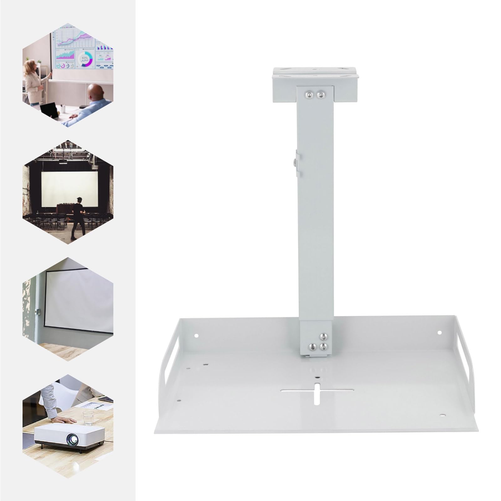 Supporto per proiettore con vassoio, supporto universale per proiettore da soffitto, fino a 14 kg, vassoio 35 x 22 cm, altezza regolabile 34 – 56 cm, per proiettori, router ecc. (bianco)