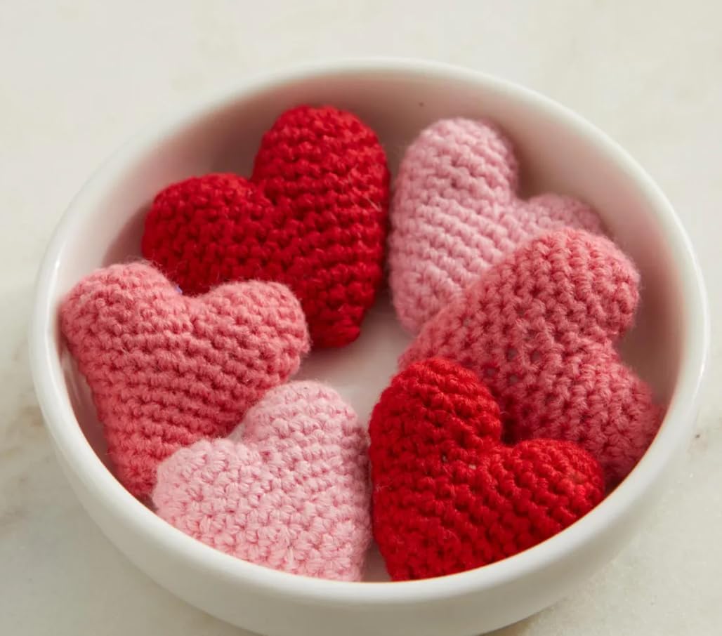 Mini Crochet Heart Decor Set of 6, Valentine Bowl Fillers and Romantic Tabletop Accents, Handmade Pink and Red Heart Decorations for Home and Gifting (Hearts Pink w Dish)