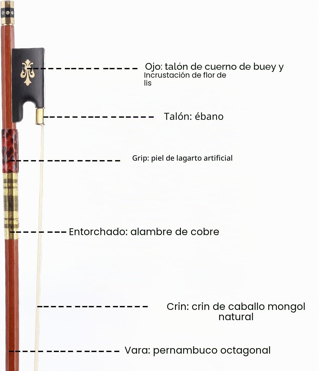 Arco avanzado para violín Pernambuco 4/4, hecho a mano, ligero y equilibrado, crin de caballo real para un tono profundo y potente, para violinistas avanzados