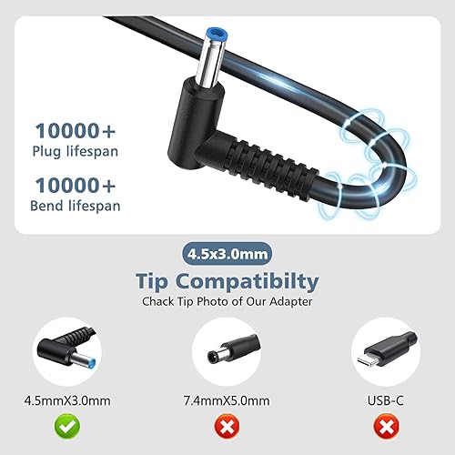 Miniatura 3 de DJW Cargador compatible con el adaptador de corriente de punta azul inteligente de 45 W para computadora portátil HP