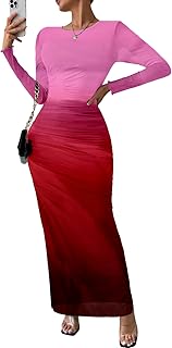 Women Long Sleeve Maxi Dress Bodycon Ruched Formal Slim Fit Tie Dye Dres...