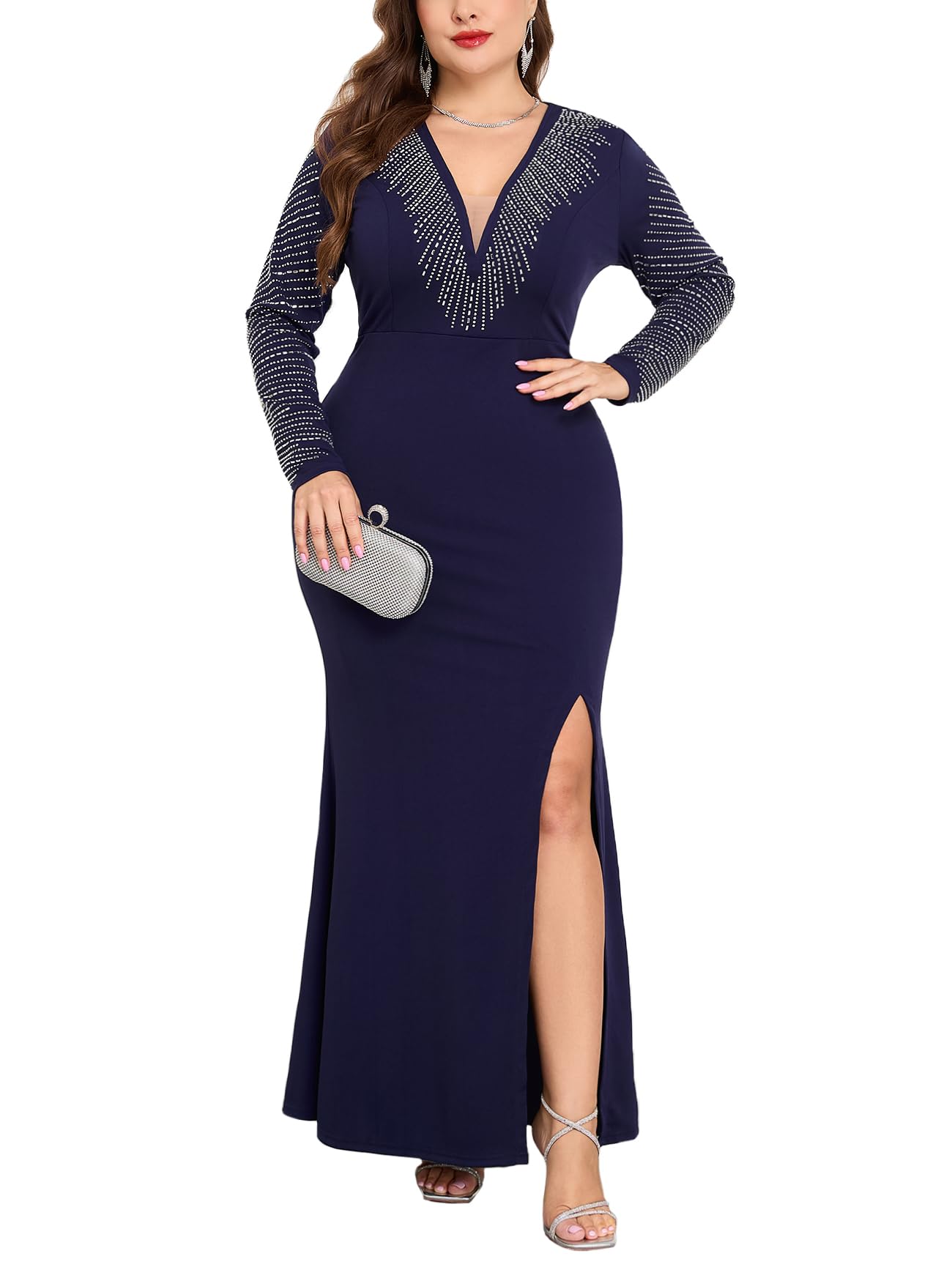 ZOMVA Plus Size Sparkly Deep V-Neck Formal Maxi Dress Sexy Rhinestone Long Sleeve Dress with Slit Party Cocktail