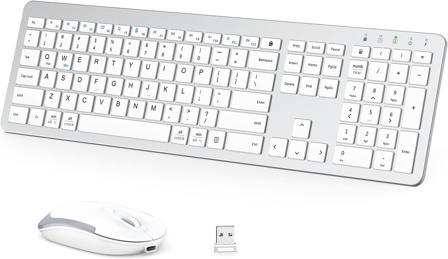 ​​iClever GK08 Wireless Keyboard and Mouse - Rechargeable Ergonomic Keyboard with Number Pad, Silent Typing, 2.4G Stable Connection, Slim Design for Mac & Windows (Silver)​​