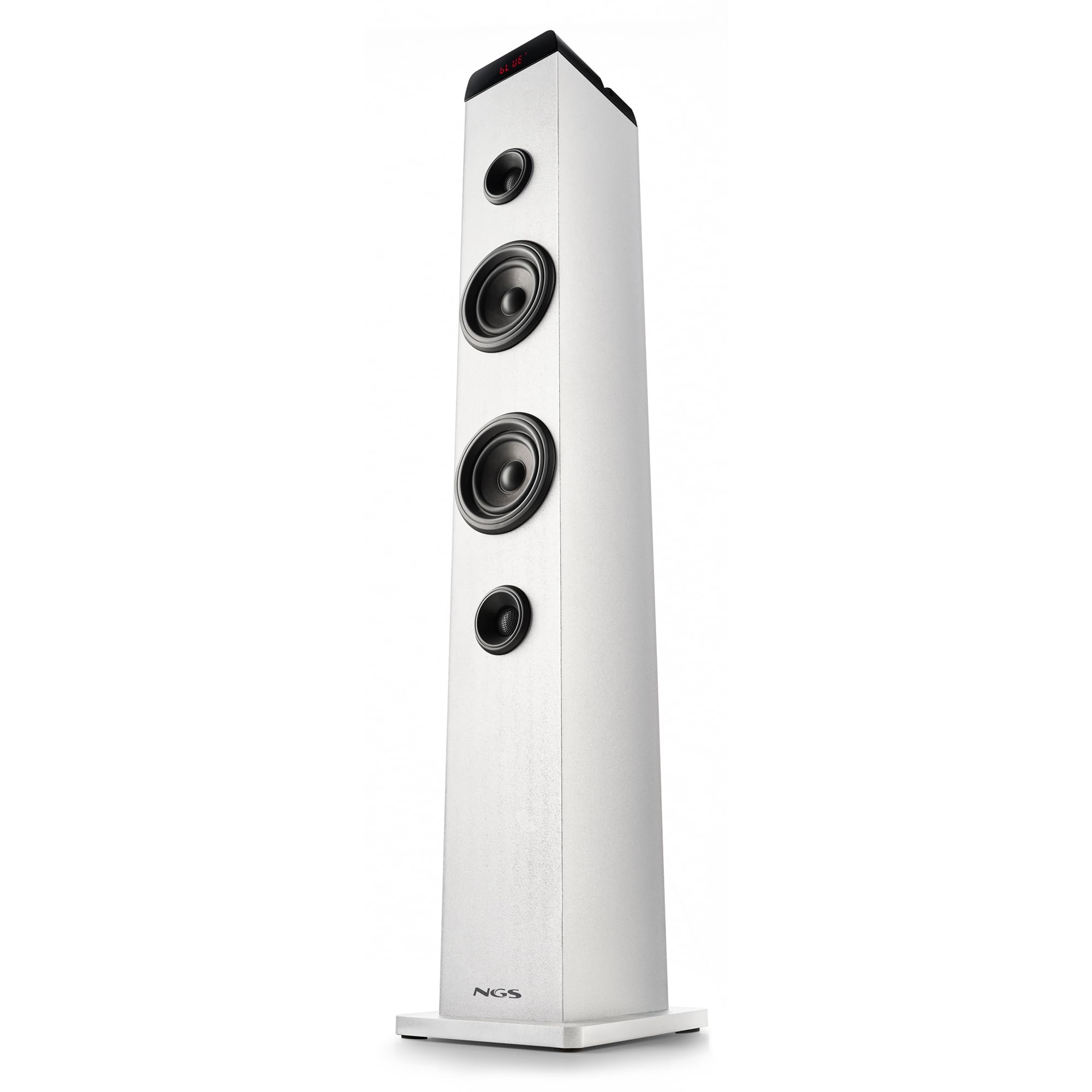 NGS Sky Charm Pro White - Tour de Son 50 W avec Bluetooth 5.4, Entrée Optique, USB, Entrée auxiliaire, Radio FM, Fonction de Diffusion, Entrée Microphone Karaoké, Télécommande, Blanche