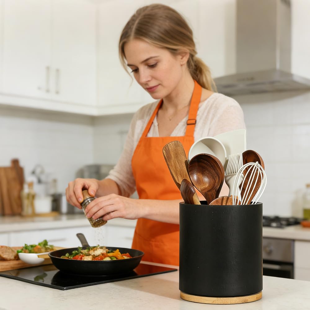 NAVESO Porta Mestoli da Cucina, Porta Utensili da Cucina in Legno Girevole a 360°, Impermeabile Portamestoli Cucinas per Cucchiaio, Frusta, Forchetta Nero