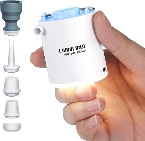 CAMULAND Mini bomba de aire, bomba de almohadilla para dormir, bomba de aire portátil para inflable con batería de 1300 mAh, luz de campamento