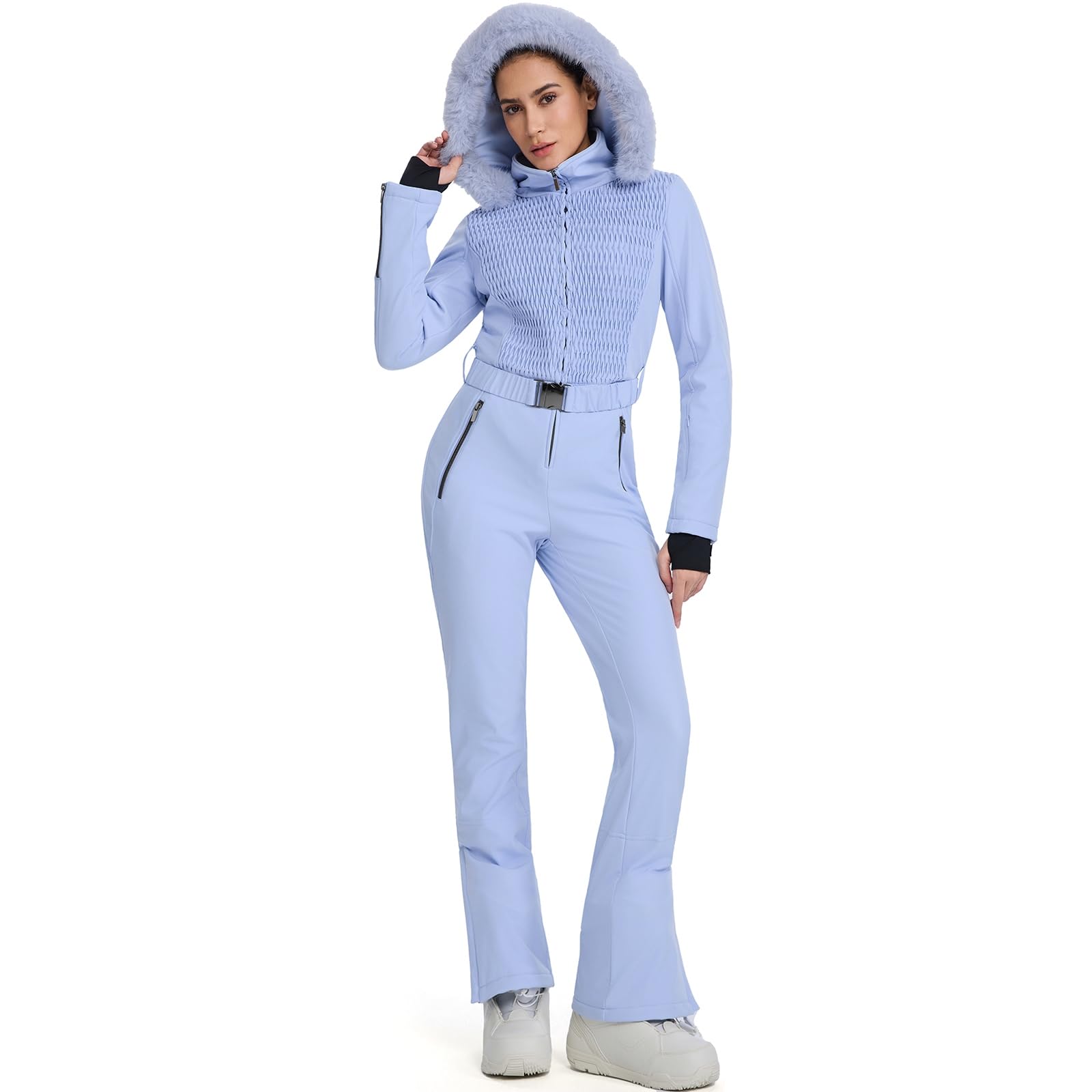 HOTIAN Tuta da sci da donna, monopezzo, impermeabile, antivento, calda, con cappuccio, Blu, XL