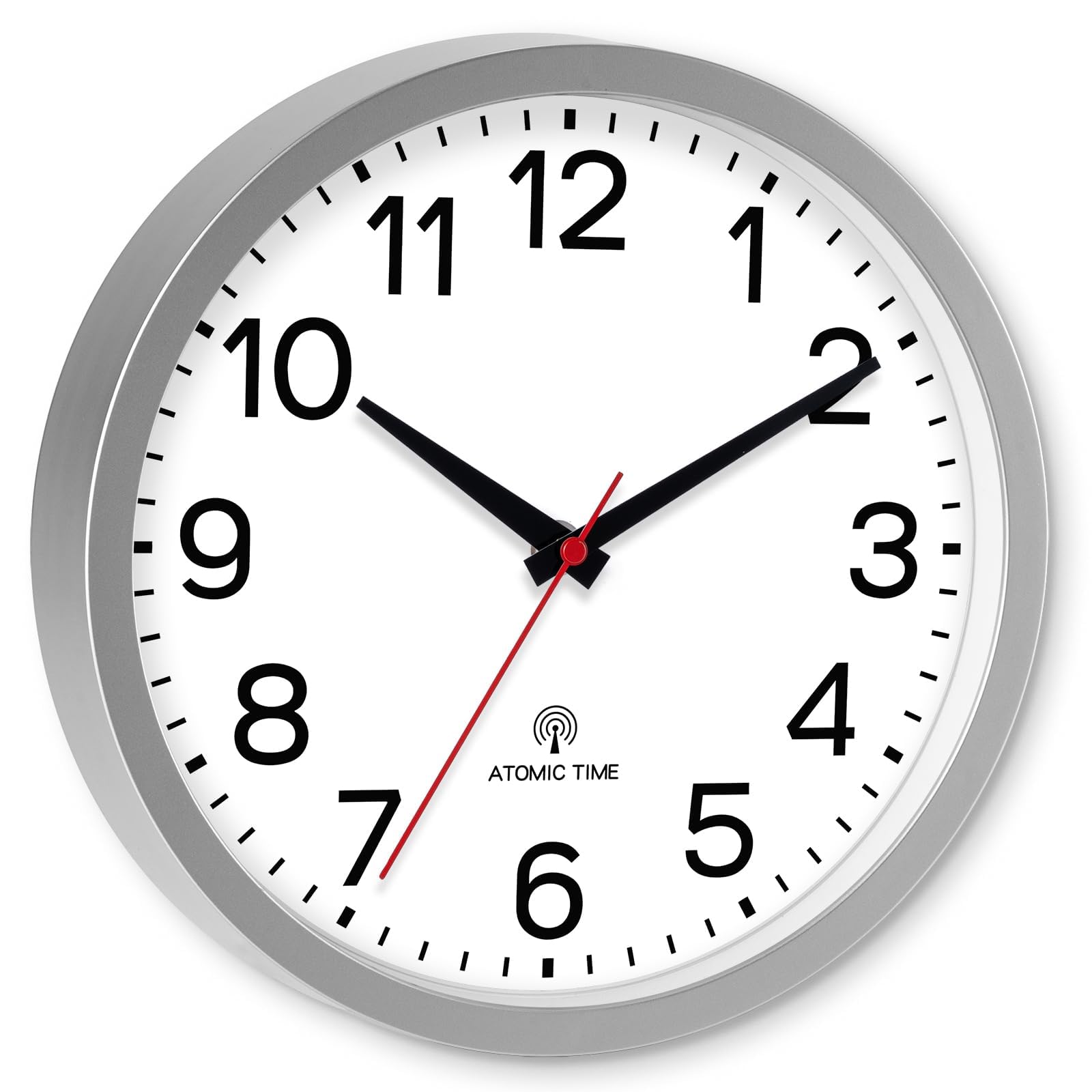AKCISOT Atomic 10 Inch Wall Clock Analog Clocks for Indoor Kitchen, Battery Operated Clock for Bedroom Office Classroom Living Room(Silver)