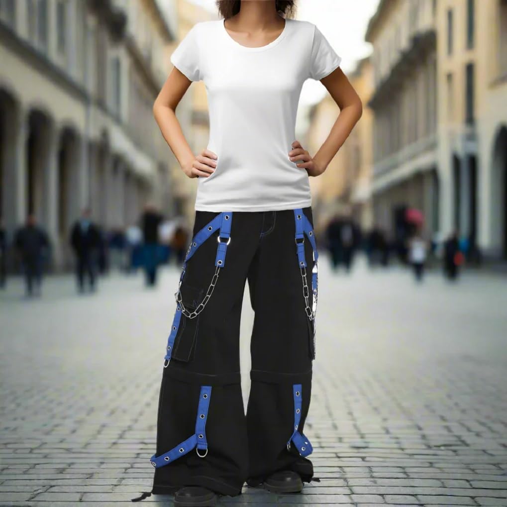 Gothic Punk Black Cargo Pants with Blue Straps, Wide Leg Streetwear Chain Pants, Alternative Fashion Y2K Hip Hop Style