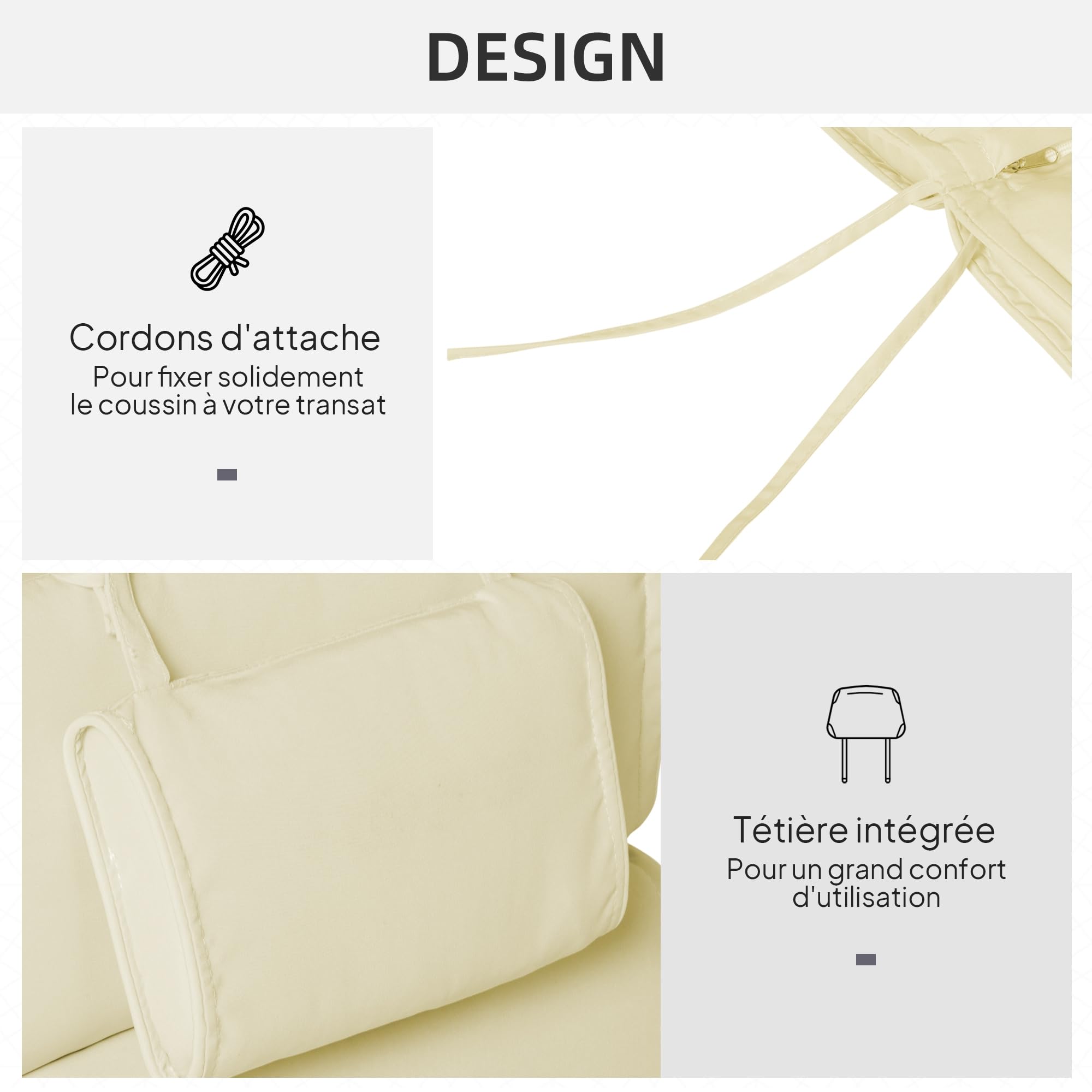 Outsunny Coussin Bain de Soleil Déhoussable Zippé 198 x 53 x 5 cm Crème
