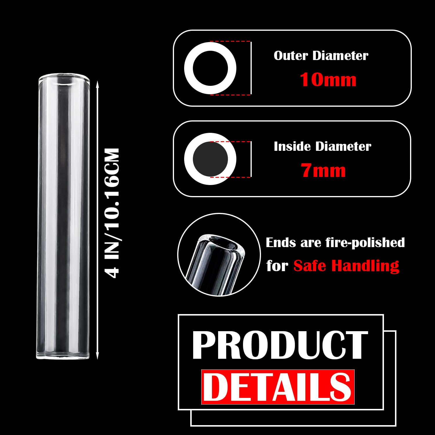 20 tubos de vidrio transparente de 4 pulgadas de largo, 10 mm de diámetro exterior, 7 mm de diámetro interior, 1,5 mm de grosor, tubos de soplado de borosilicato