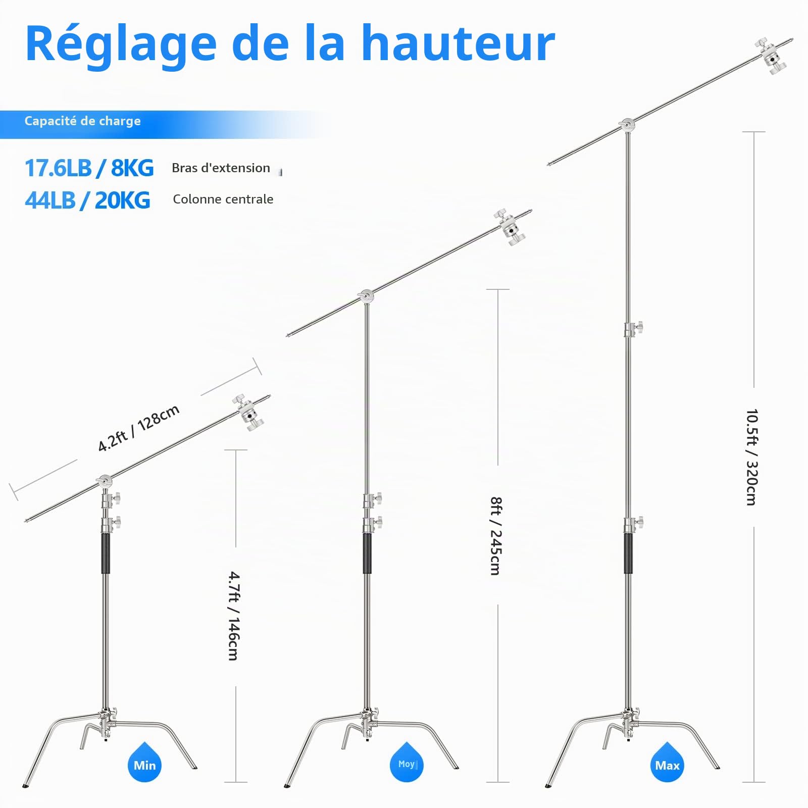 NEEWER C Stand Pro Robuste en Acier Inoxydable 100% avec Bras Boom,Hauteur Max 320cm Pour Lumière de Photographie avec Bras de Maintien de 128cm,2 Têtes de Grip pour Studio Monolight,Softbox, SC320