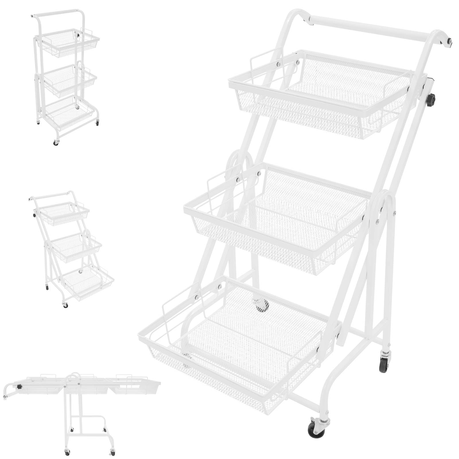 3-Tier Rolling Cart with Wheels, Adjustable Metal Rolling Utility Cart, Multi-Functional Storage Cart for Kitchen, Movable Storage Organizer with