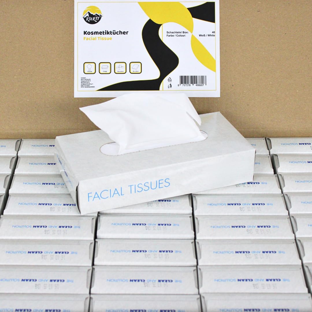 KURTT Kosmetiktücher (4.000 Stück) 2-lagig Taschentücher im Karton, Cellulose Papiertaschentücher, 40 Boxen x 100 Gesichtstücher, mit FSC und EU Ecolabel