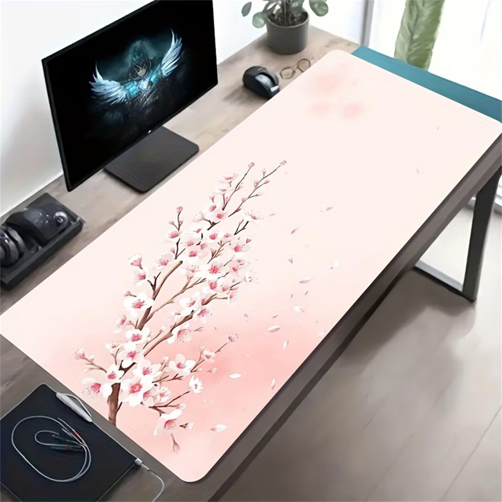 Tappetino Mouse Gaming XXL 1200x600x3 mm, Tappetino da Scrivania Grande, con Bordi Cuciti Rinforzati, Base in Gomma Antiscivolo, Tappetino per Tastiera Lavabile per PC e Laptop, Fiore Rosa Chiaro