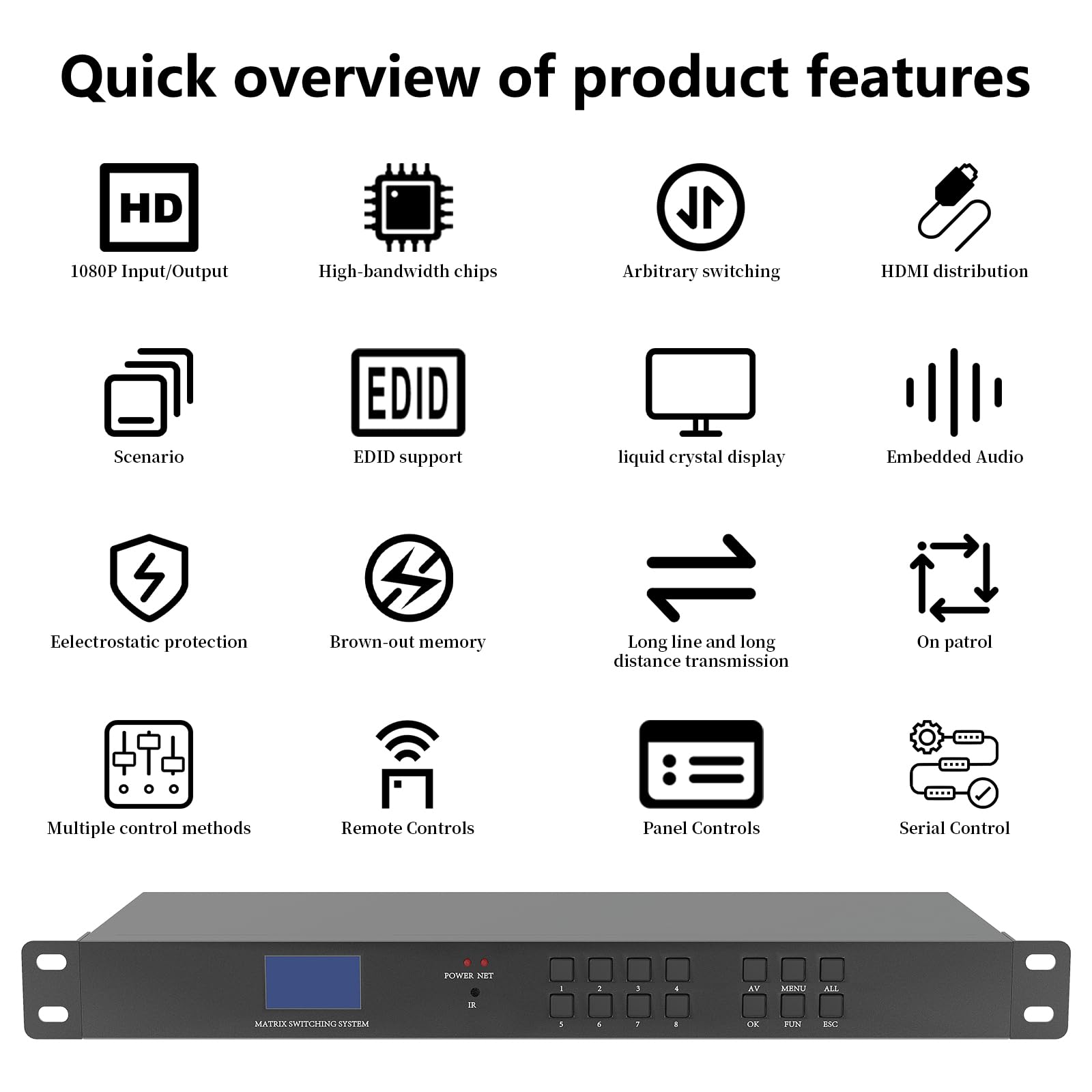 ICUIXIAN Przełącznik matrycowy HDMI 4K 8 x 8 1920 x 1080p @ 60 Hz montowana w stelażu matryca HDMI 8 x 8 z RS-232, pilot zdalnego sterowania, sterowanie GUI, EDID, HDCP, DTS-HD Master Audio (8 w / 8