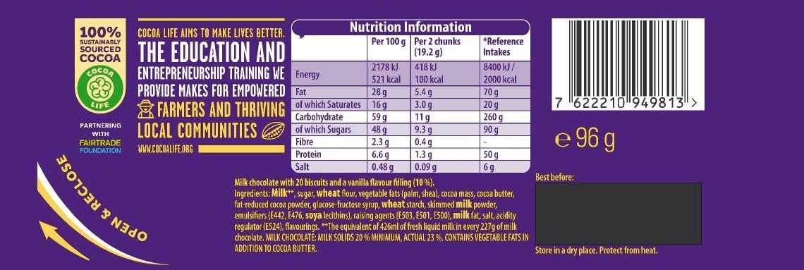 Cadbury Dairy Milk OREO Sandwich Chocolate Bar, With OREO Biscuit Pieces, 96g (Pack of 15)