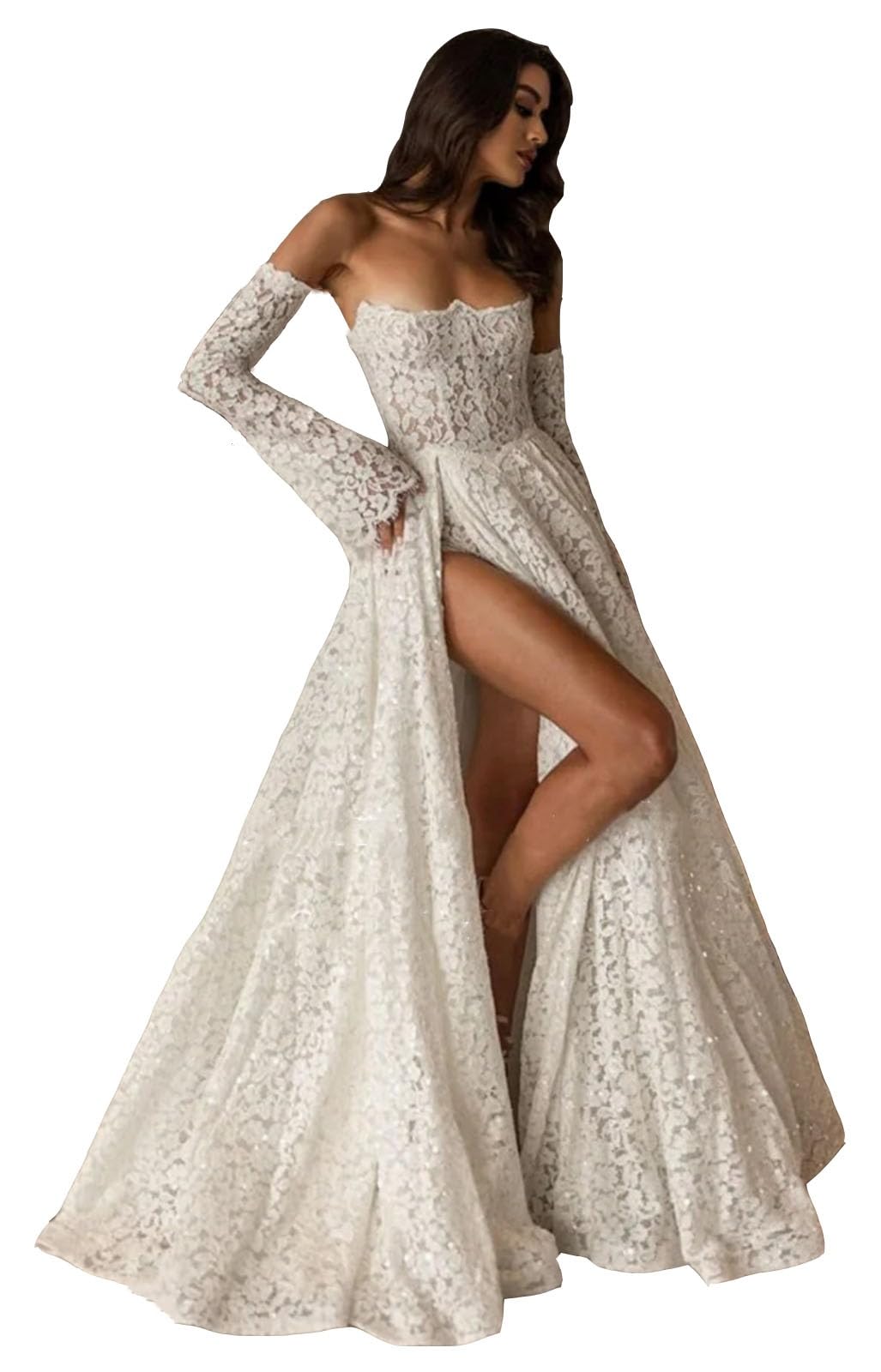 TSxuelian Abito da sposa in pizzo con spalle scoperte da donna abiti da sposa con maniche staccabili