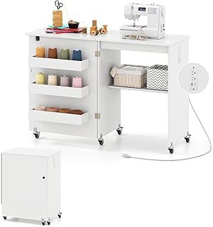 Giantex Folding Sewing Table with Charging Station, Rolling Craft Table with Storage Trays & Shelf, Foldable Sewing Machine Cabinet Desk with Lockable Wheels for Small Spaces (White)