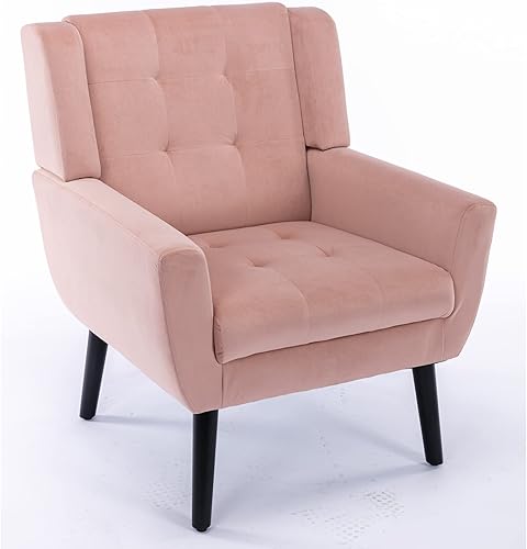 Homsof Silla decorativa de terciopelo, sillón ergonómico moderno, para sala de estar, sofá individual con patas de madera negra, color rosa