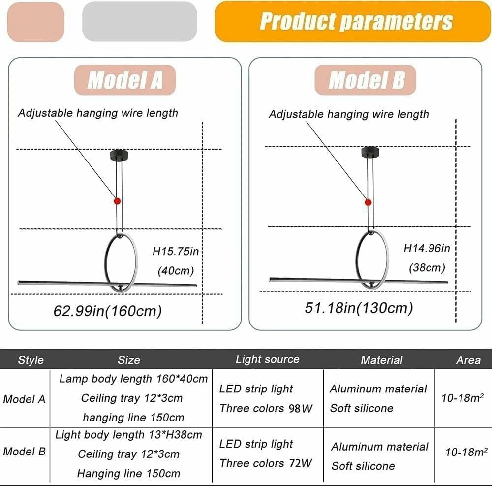 Lampadario A Sospensione Lineare A LED Nero Moderno, Regolabile in Altezza, 130 Cm, con 3 Colori, Ideale per Cucina E Sala da Pranzo. One Color 130cm