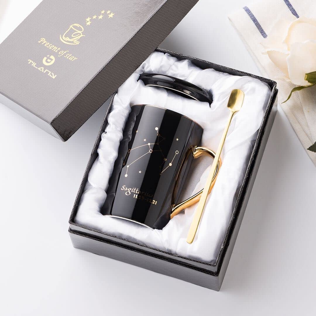 TILANYCoffee Mug - Constellation Drinkware Set with Lid, Gold Spoon - Elegant & Creative Zodiac Cups for Coffee, Tea, Cocoa - Astrology Gifts for Men & Women - 13.5oz Cup (Sagittarius)