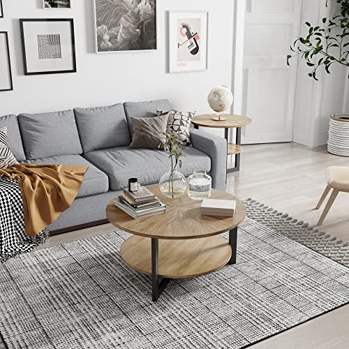 LEEMTORIG 33.5" Round Wood Coffee Table, 2-Tier Circle Round Coffee Table with Storage for Living Room, Mid-Century Modern Style with Texture Surface, Yellowish Brown with Black Metal Legs, KFZ-1338 - Image 7