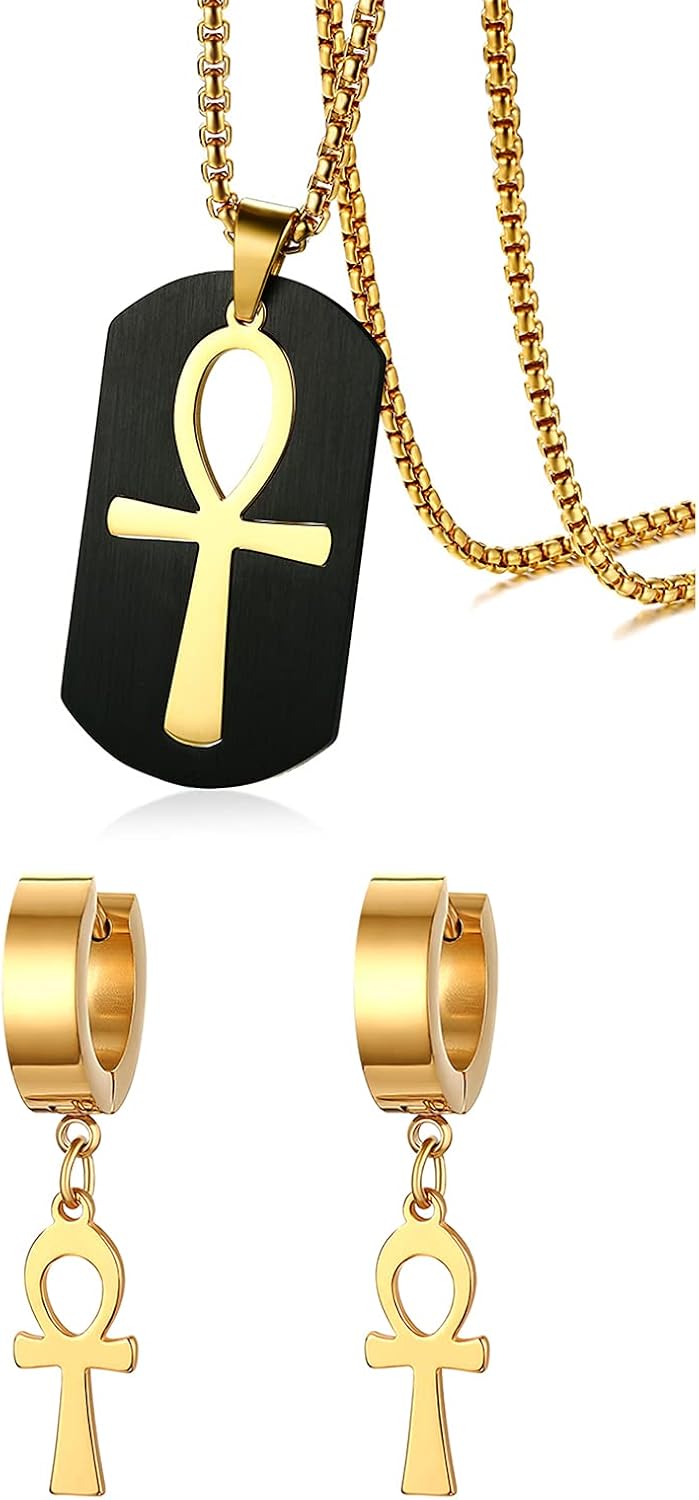 Cupimatch Egyptian Ankh Cross Dog Tag Pendant Necklace Earrings Set, Religiou Gold Stainless Steel Coptic Cross Dangle Huggie Hinged Hoop Earrings