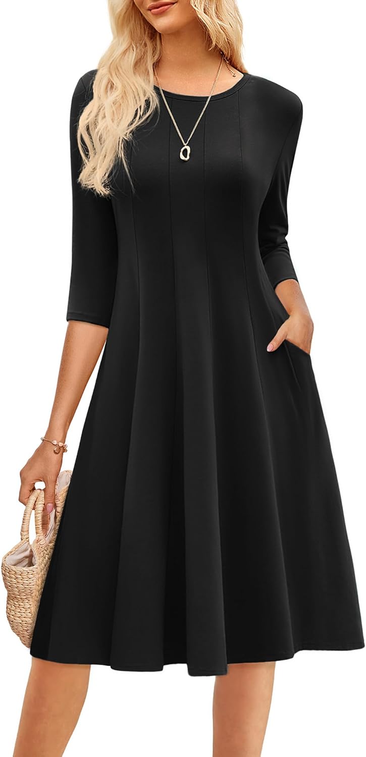 GRACE KARIN Women Summer Dresses 2026 Casual 3/4 Sleeve Dress A Line Fit and Flare Midi Dress with Pockets