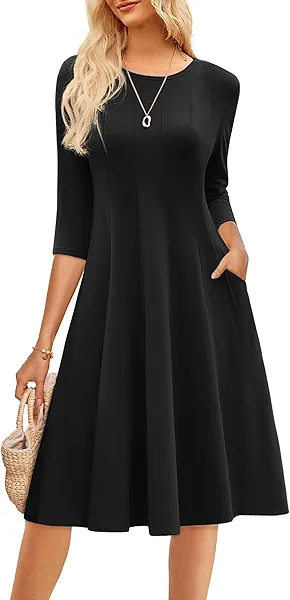 GRACE KARIN Womens 2025 Trendy Dresses Crew Neck 3/4 Sleeve A Line Loose Casual Midi Dress with Pockets