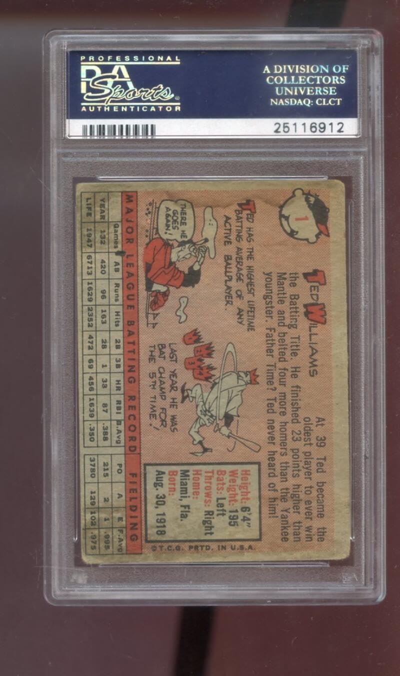 1958 Topps #1 Ted Williams Boston Red Sox PSA 2 Graded Baseball Card MLB