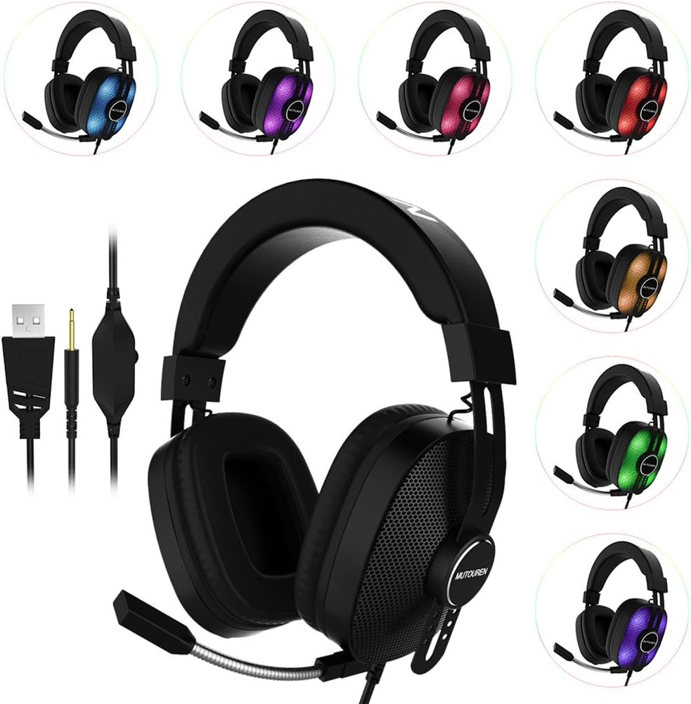 Headset Gaming Headphones for PS4, Xbox One, MUTOUREN PC Gaming Noise Cancelling Over Ear Headphones with Mic, LED Light, Bass Surround and Soft Memory Earmuffs for Laptop Mac Nintendo Switch Games