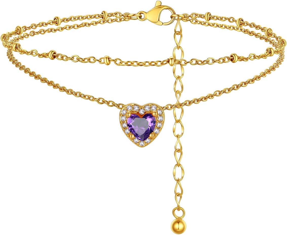 FindChic Bling Heart Birthstone Anklets Layered Beaded Ankle Bracelets for Women Gold/Black/Silver 12 Month Gem Colors Foot Chain Summer Jewelry for Girls, with Gift Box