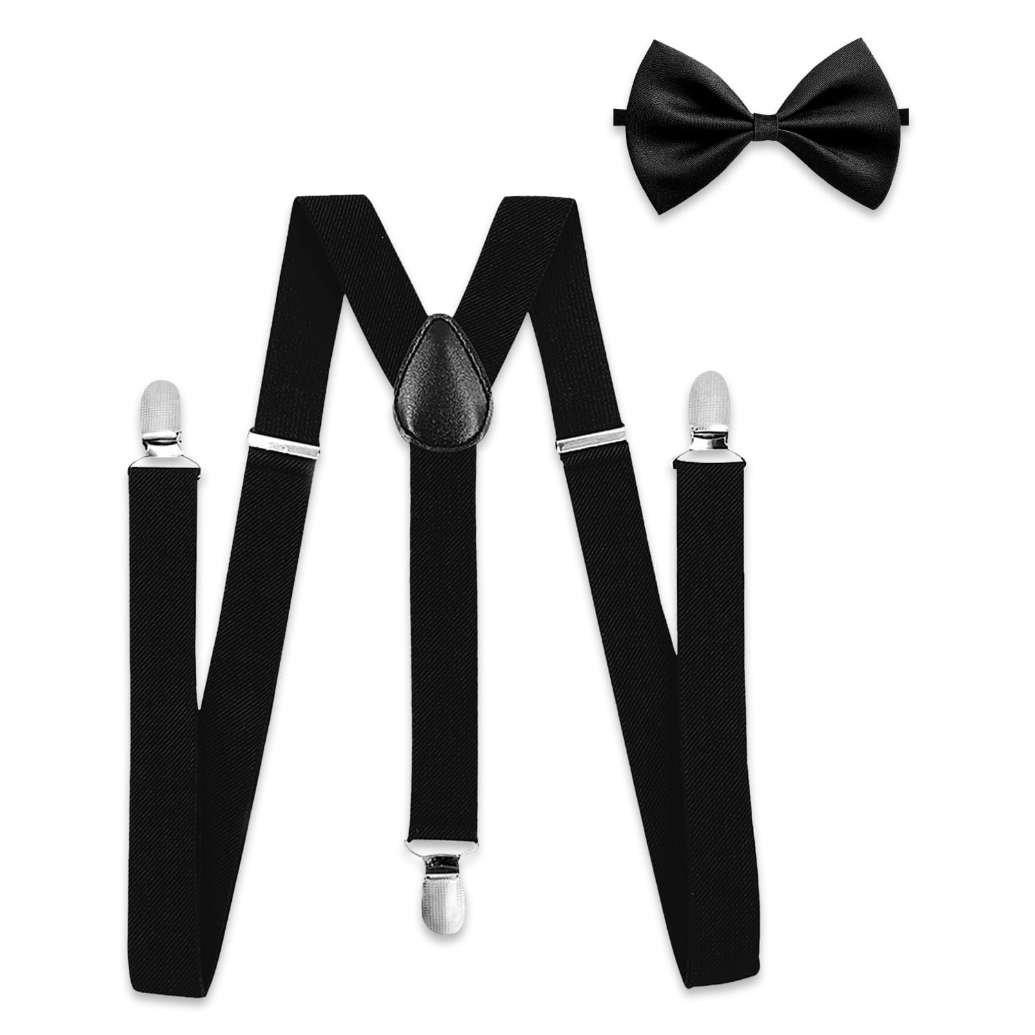 Gaomumu Suspenders and Tie Set, Adjustable Y-Back Braces with Strong Clips & Matching Necktie,Suspender Belt for Kindergarten Performances,Solid Color Bow Ties for Boys(Black)