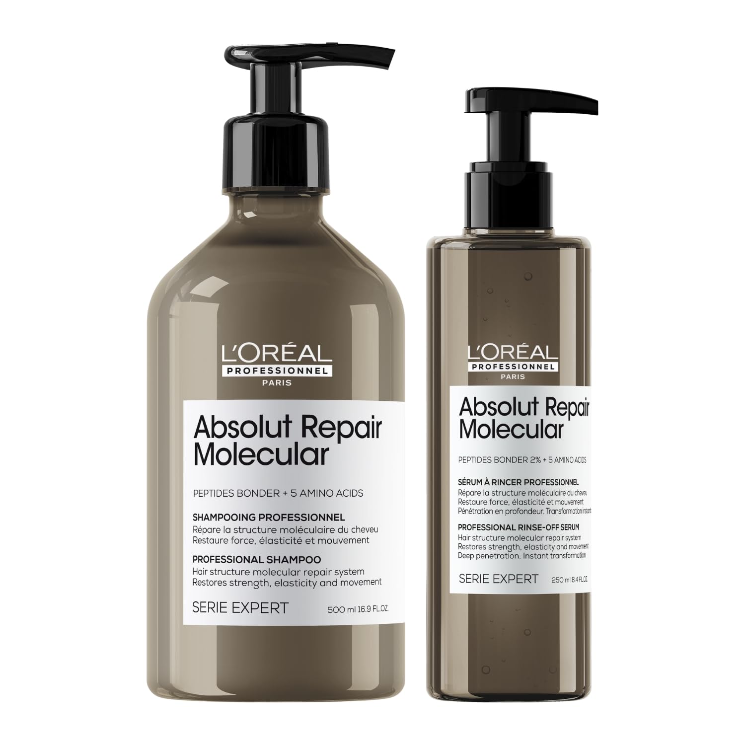 L'Oréal Professionnel XL-Duo für strukturgeschädigtes Haar, Zur molekularen Tiefenreparatur, Mit Peptidbondern & Aminosäuren, Serie Expert, Absolut Repair Molecular Shampoo 500ml & Rinse-Off Serum