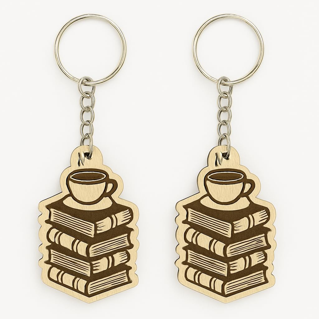 Wooden Keychain with Coffee Cup and Book Stack Design – Lightweight Book Lover Gift, Laser Engraved Keyring for Readers & Coffee Fans-picture-34