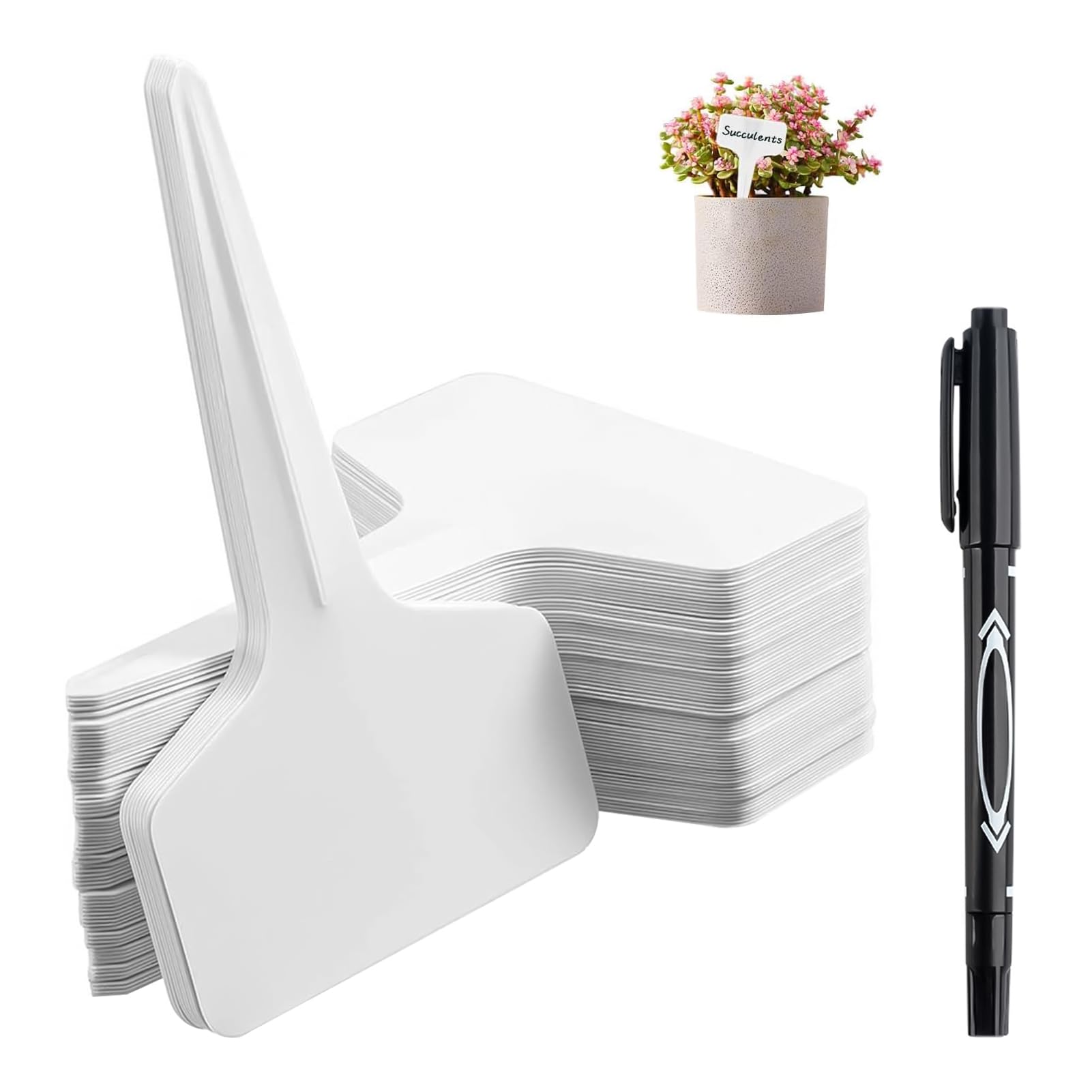 100 PCS Plant Labels, Plant Tags T-Type Garden Markers with Pen, Waterproof PVC Plastic, Writable, Ideal for Herb, Seedling, Vegetable, Flower, Potted Plants, Greenhouse, Outdoor, UV Resistant, 6x10cm