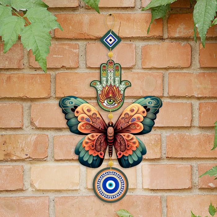 Nupur Studios “The Fusion Butterfly Evil Eye” Hanging for Home Decor/Positive Energy/Evil Eye/Hamsa Hand/Handcrafted Item/Wall Art/Decor/House Decor/Offices/Diwali Decor/Good Luck Charm/Prosperity