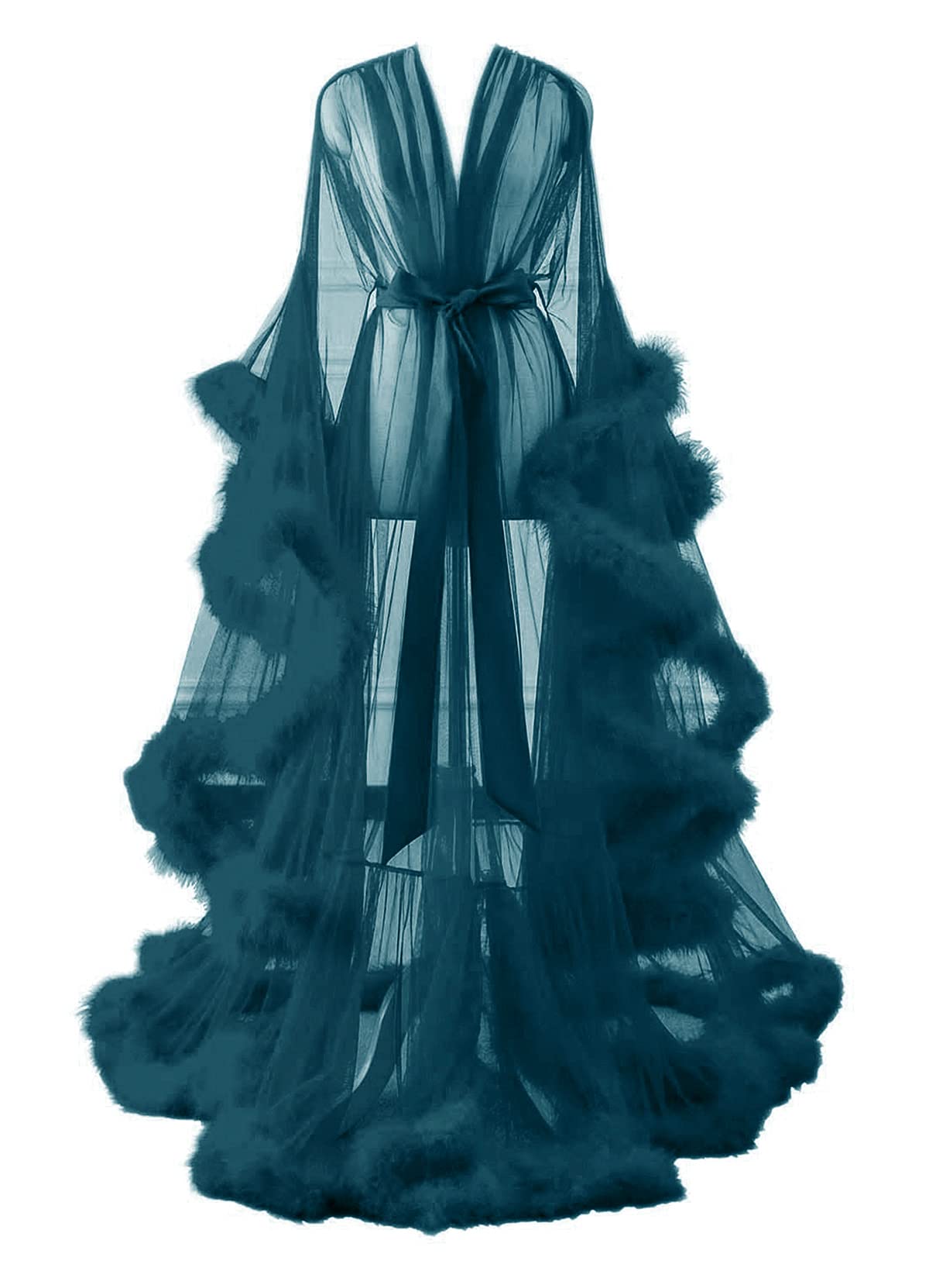 Changuan Sexy Feather Robe Long Fur Tulle Robe Sheer Lingerie Maternity Photoshoot Dress Sleepwear Nightgown Bathrobe: Large-X-Large Teal
