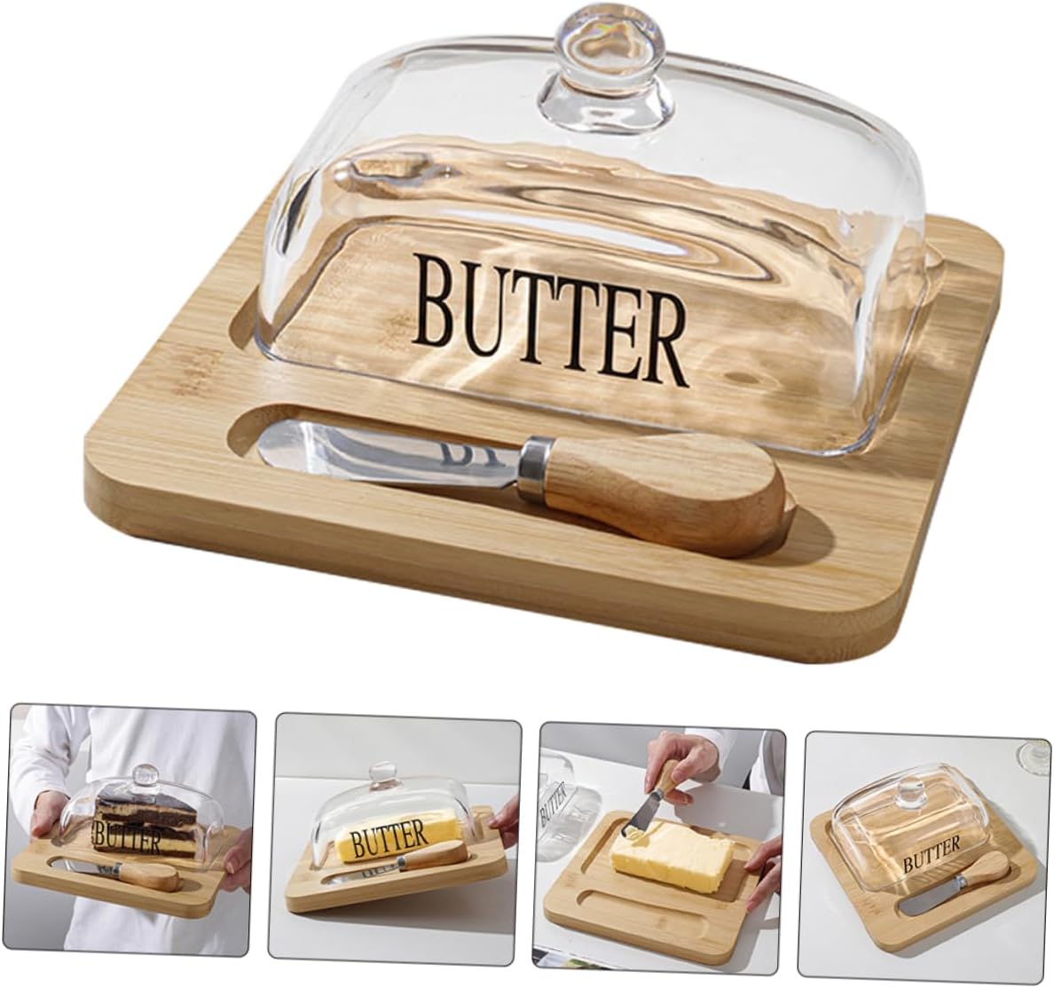 Mikinona 1set Butter Holder with Glass Dome Food Preservation Box for Refrigerator Butter Storage Container with Knife Nordic