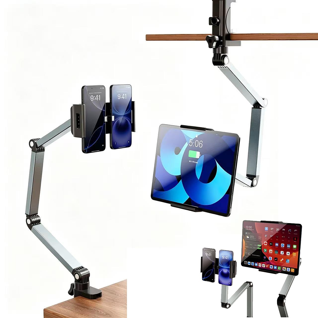 Soporte para tableta, brazo plegable ajustable para tableta, soporte de escritorio para iPad con base giratoria de 360°, soporte para teléfono, soporte para iPad para escritorio y cama